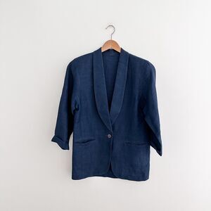 Vintage For Saks Fifth Avenue Linen Blazer Navy Shawl Collar Union Made Size 8